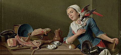 Bild: Küchenstillleben mit weiblicher Figur und Papagei, Peter Jakob Horemans
